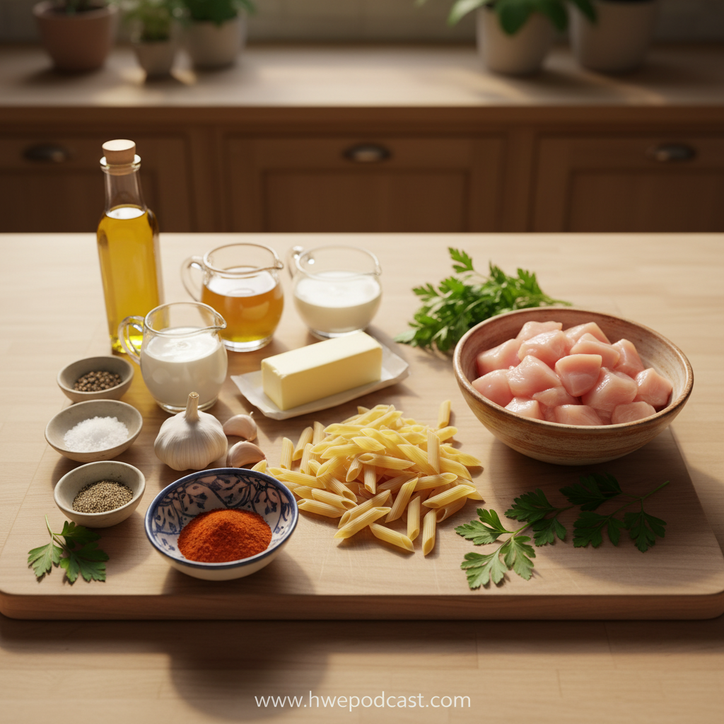 Ingredients for smoky garlic butter chicken pasta laid out on counter