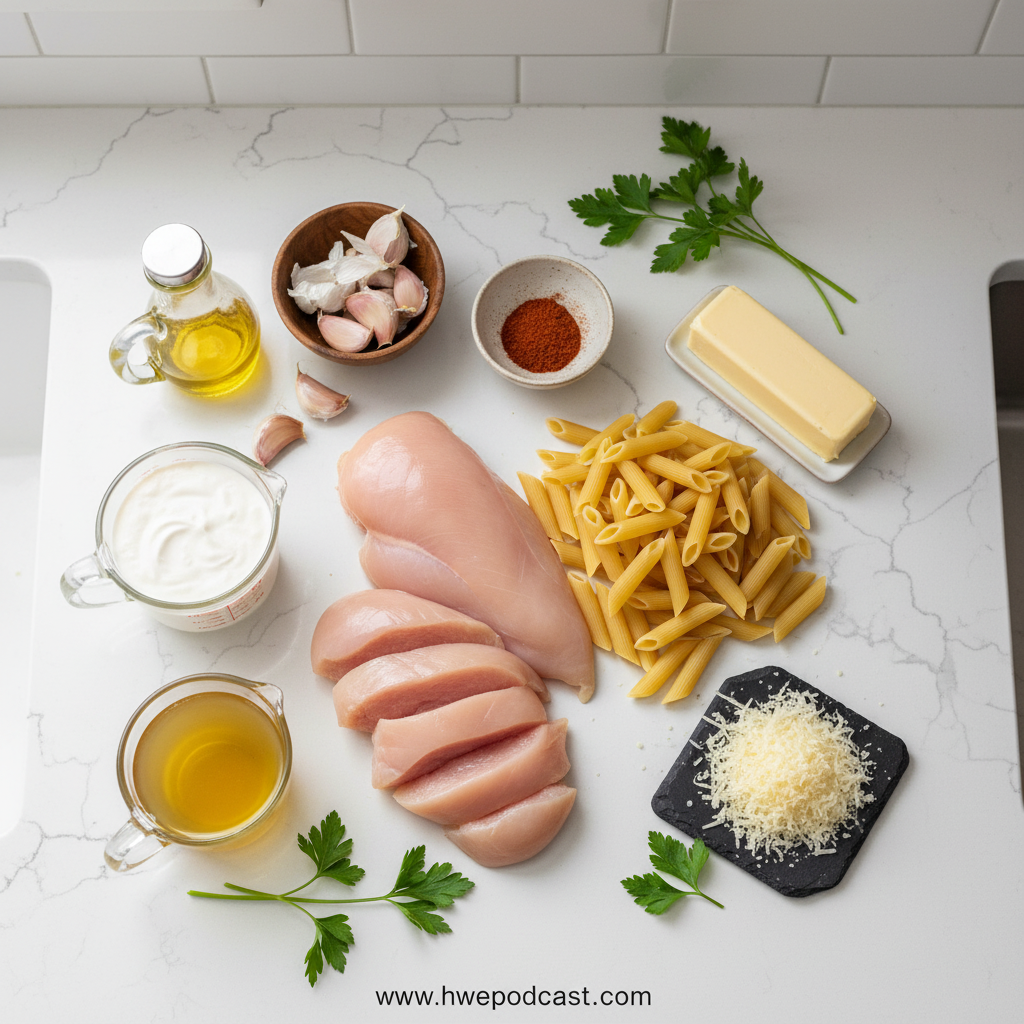Fresh ingredients for smoky garlic butter chicken pasta spread on wooden board