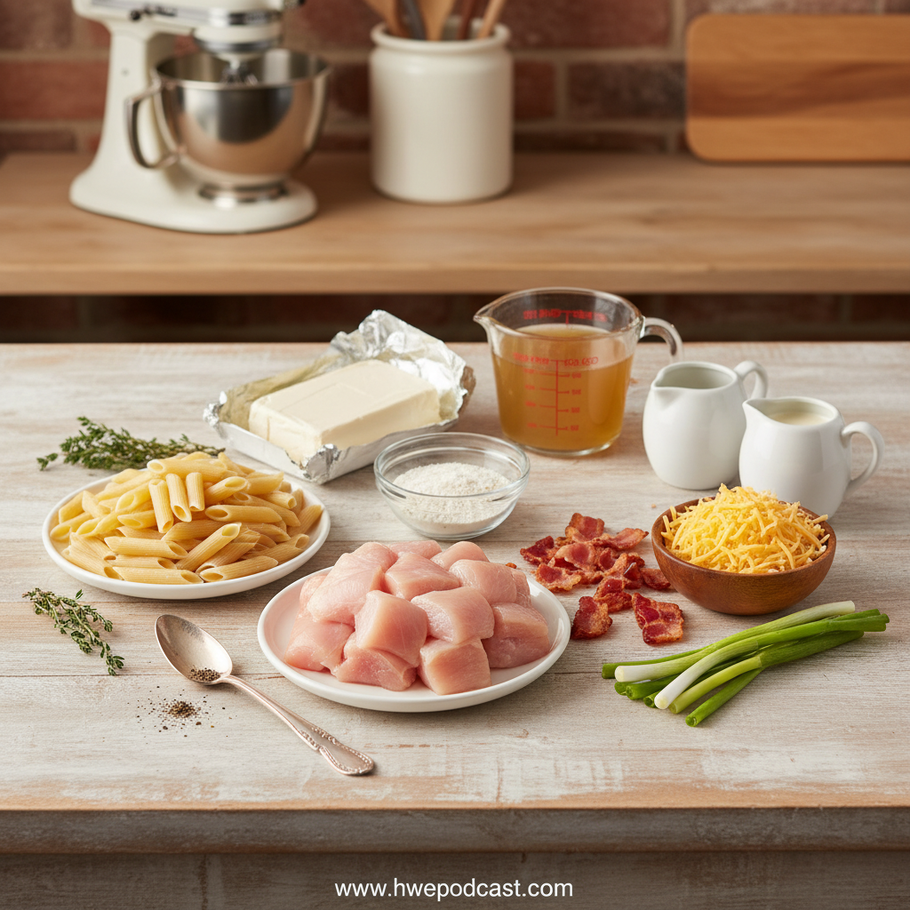 Ingredients for creamy chicken pasta including pasta, chicken, cheese, and seasonings