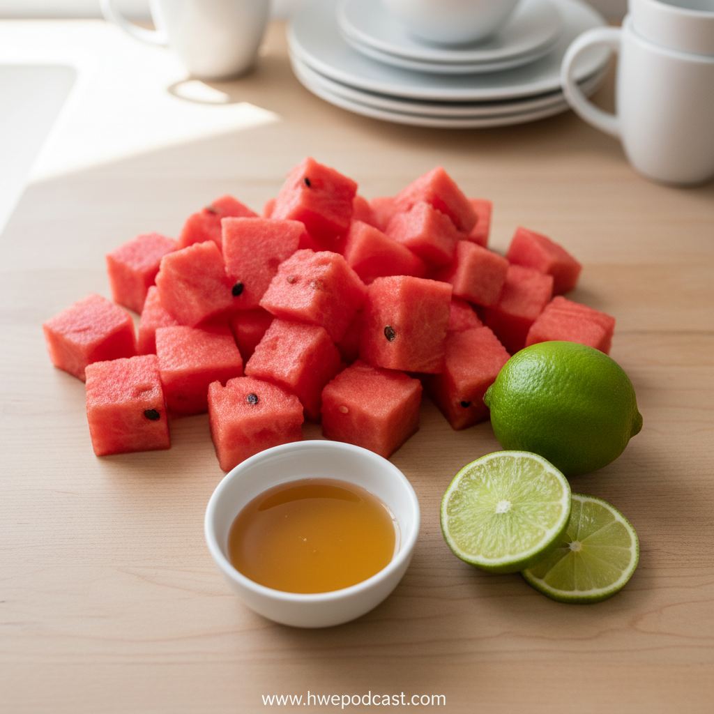 Fresh watermelon, lime, and honey ingredients for sorbet