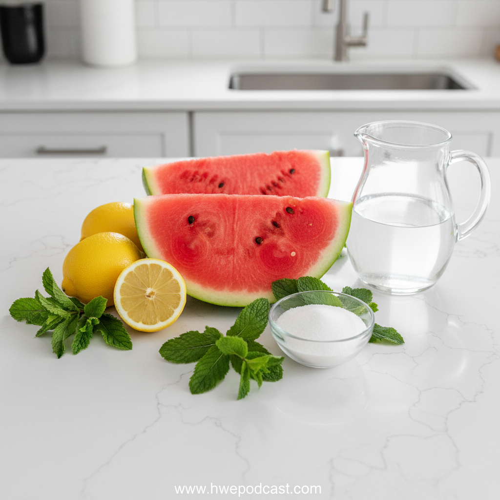 Fresh ingredients for watermelon mint lemonade including watermelon, lemons, mint, and sugar