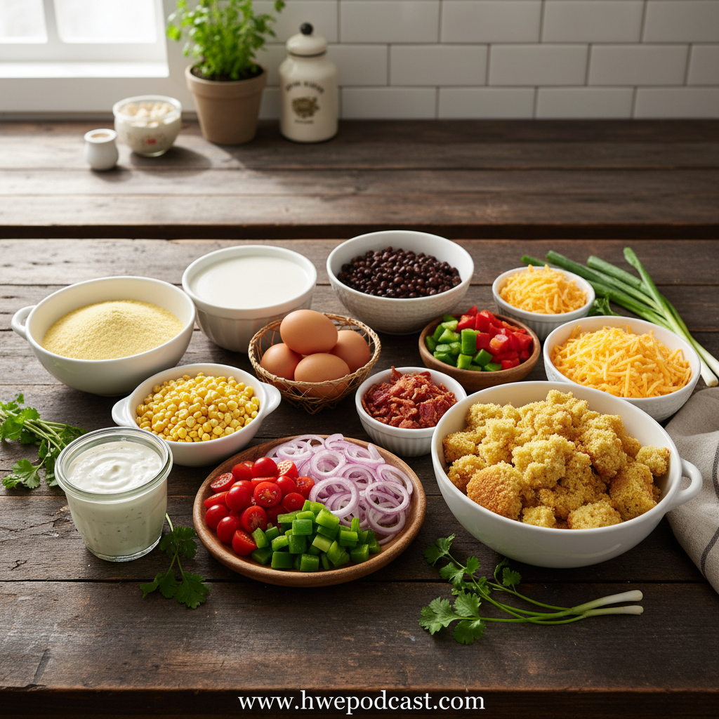 Ingredients for crumbled cornbread salad including cornbread, vegetables, and dressing