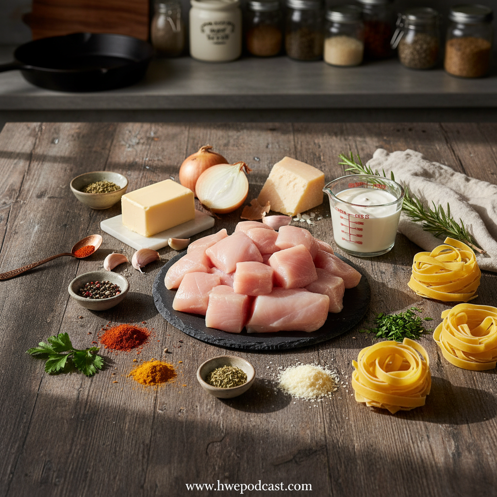 Ingredients for cowboy butter chicken pasta laid out on counter