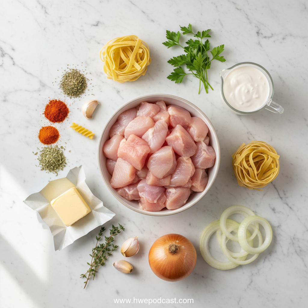 Ingredients for cowboy butter chicken pasta laid out beautifully