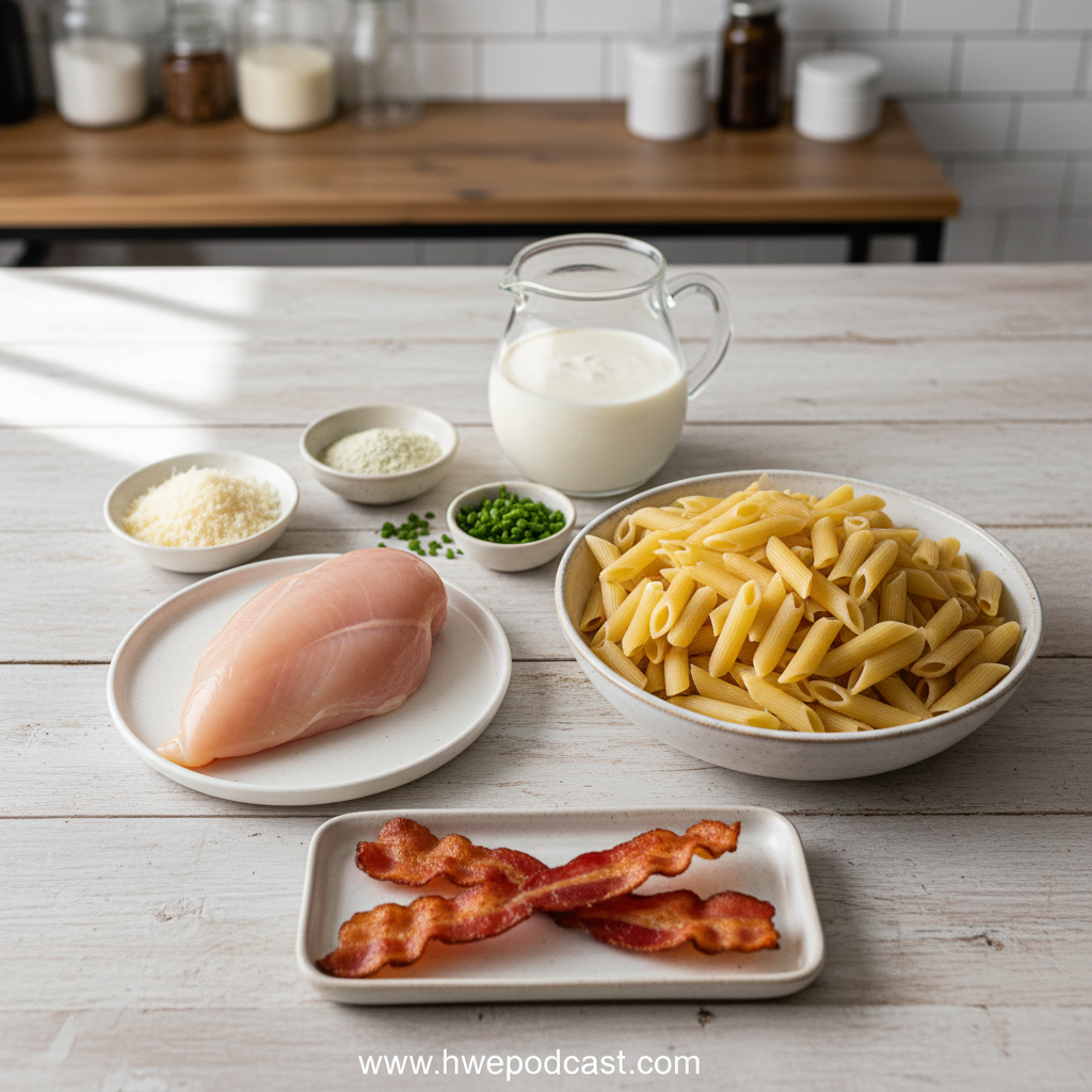 Ingredients for creamy chicken ranch pasta on kitchen counter
