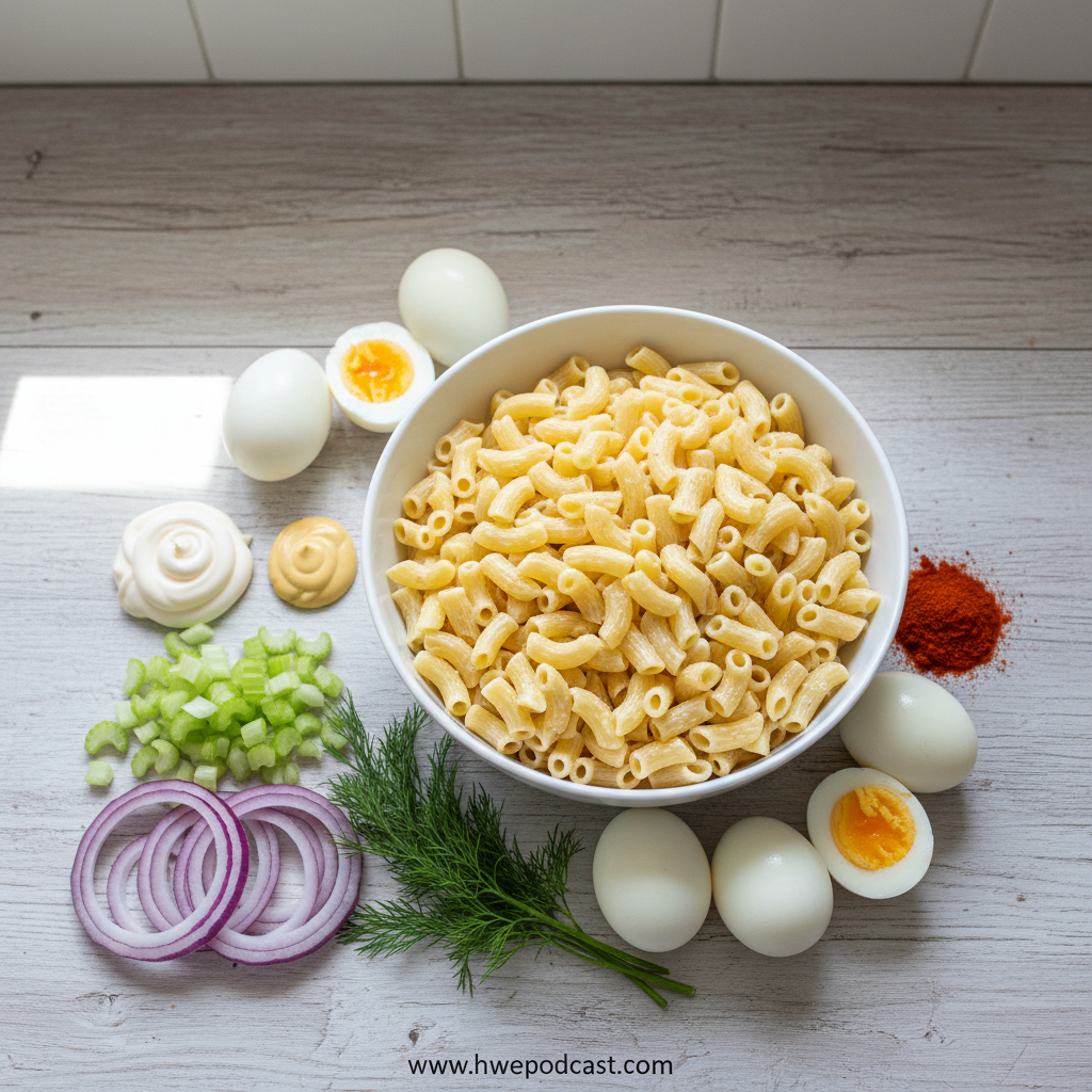 Ingredients for creamy deviled egg pasta salad laid out on counter