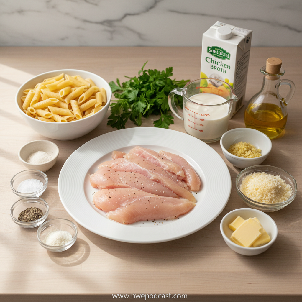 Ingredients for creamy garlic parmesan chicken pasta including chicken, pasta, garlic, parmesan, cream, and seasonings
