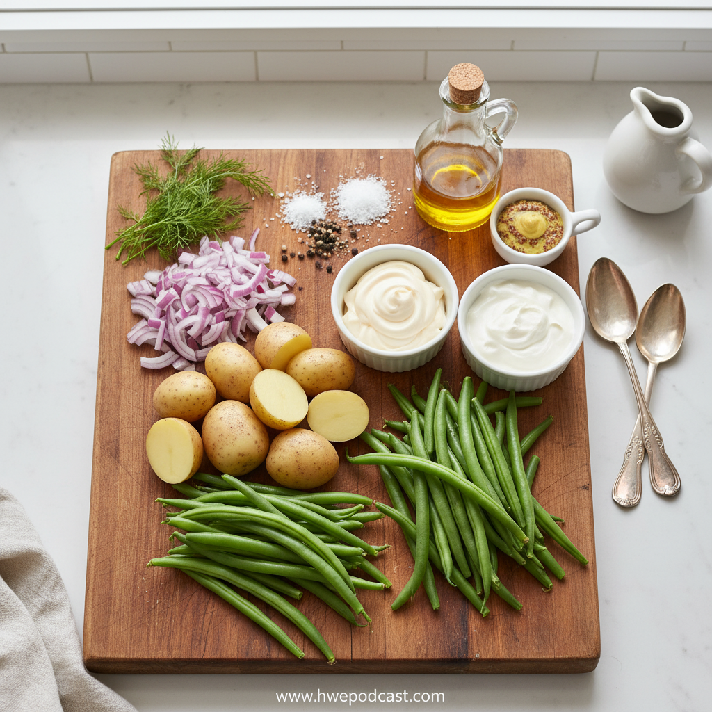 Ingredients for creamy green bean potato salad including potatoes, green beans, and herbs