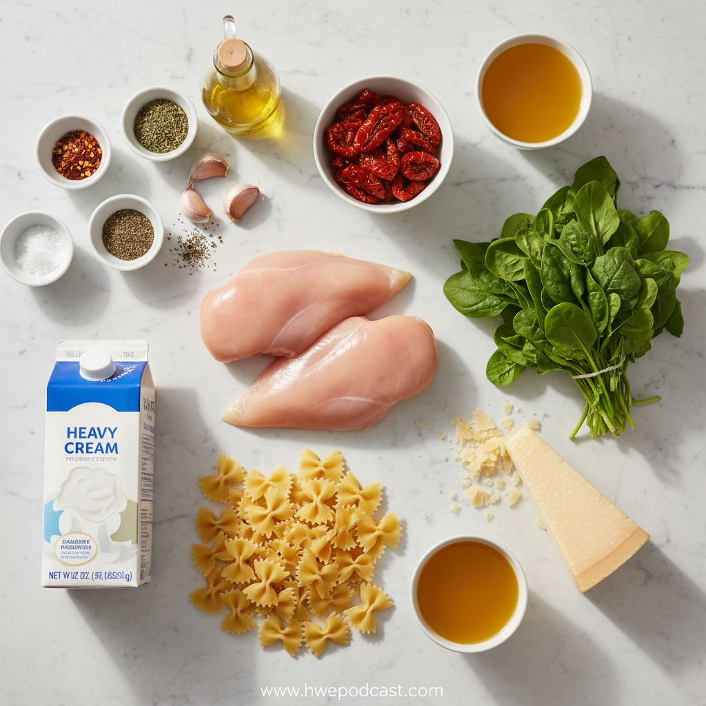 Ingredients for Marry Me Chicken Pasta including chicken, pasta, cream, and sun-dried tomatoes