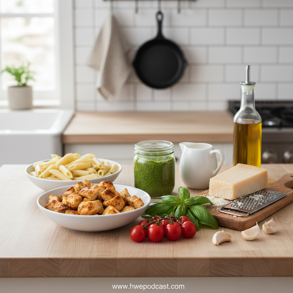 Ingredients for pesto chicken pasta bake including chicken, pasta, pesto, cheeses, and seasonings