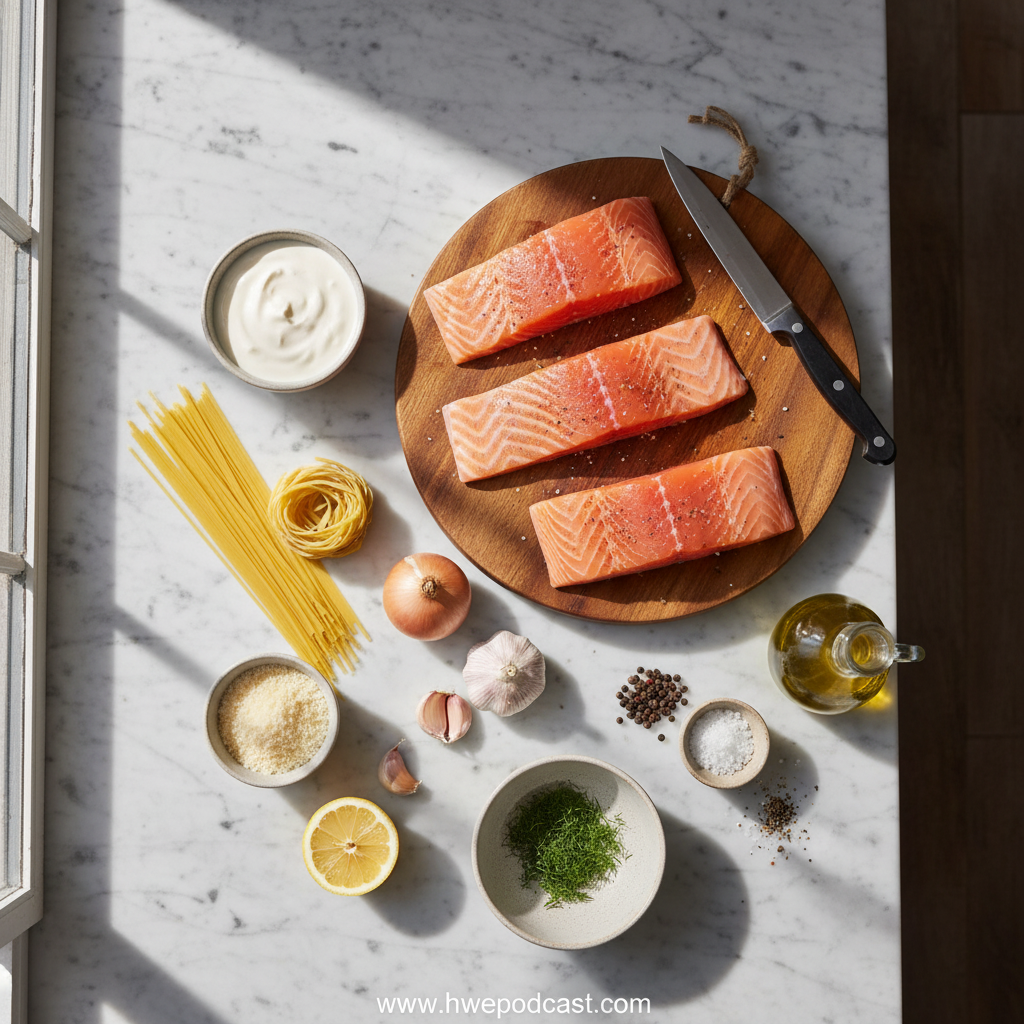 Ingredients for creamy salmon pasta including salmon, pasta, cream, garlic, and fresh herbs