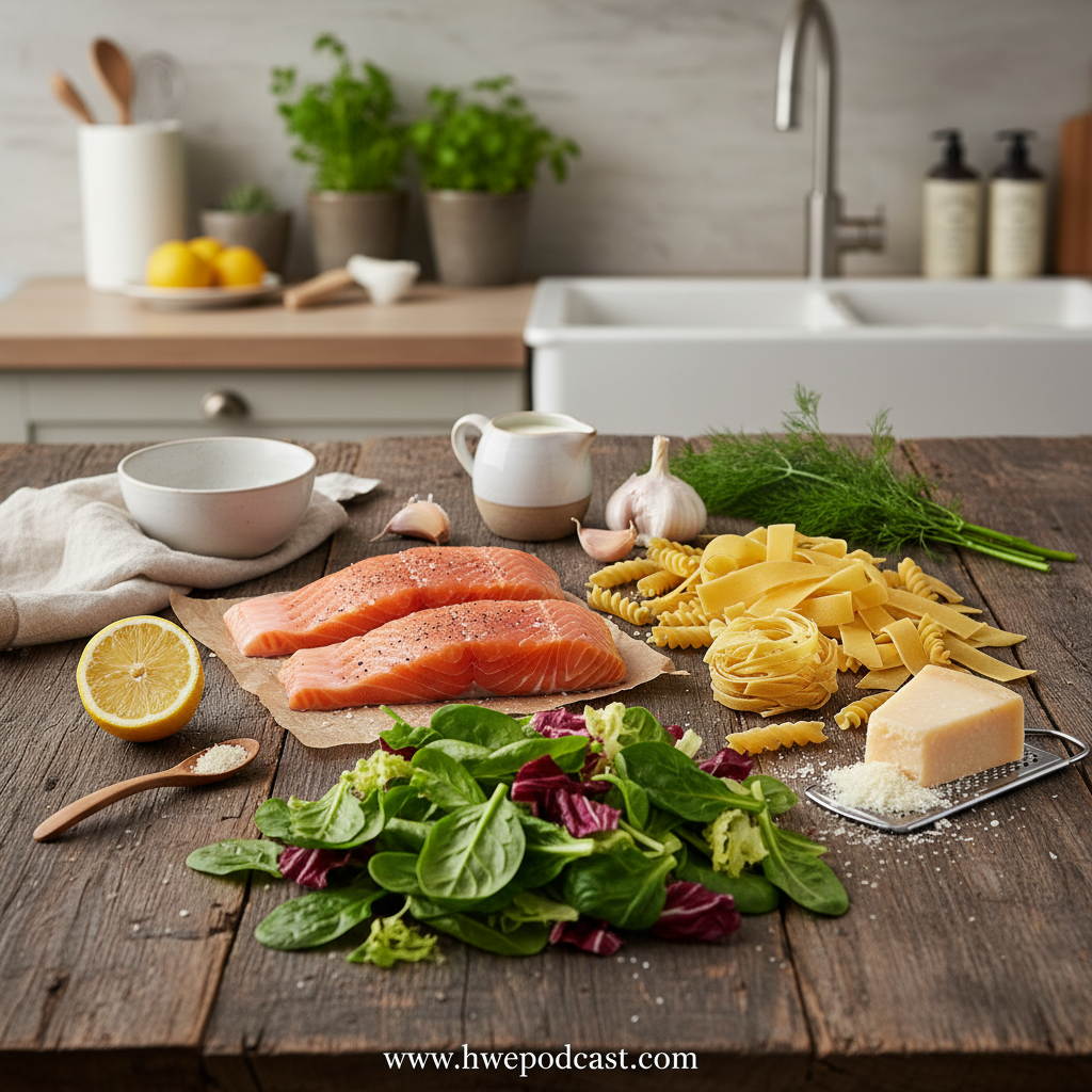Fresh ingredients for creamy salmon pasta including salmon, pasta, garlic, and mixed greens