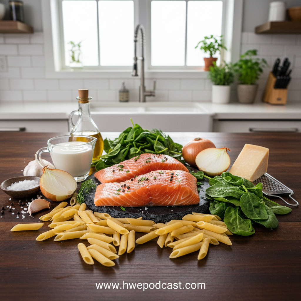 Ingredients for creamy salmon spinach pasta on kitchen counter
