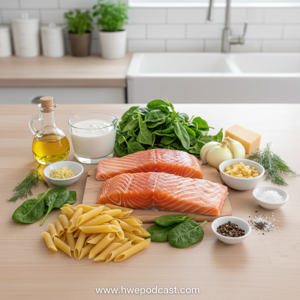 Ingredients for creamy salmon spinach pasta including salmon, pasta, spinach, garlic and cream