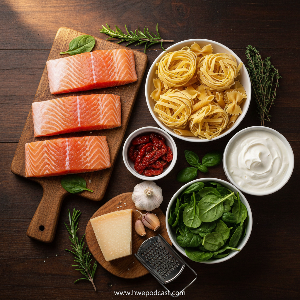 Ingredients for Tuscan salmon pasta arranged on wooden surface