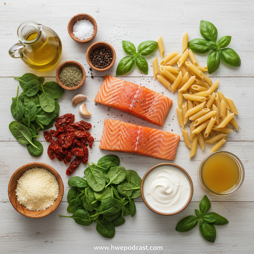 Ingredients for creamy Tuscan salmon pasta including salmon fillets, pasta, spinach, garlic, and sun-dried tomatoes