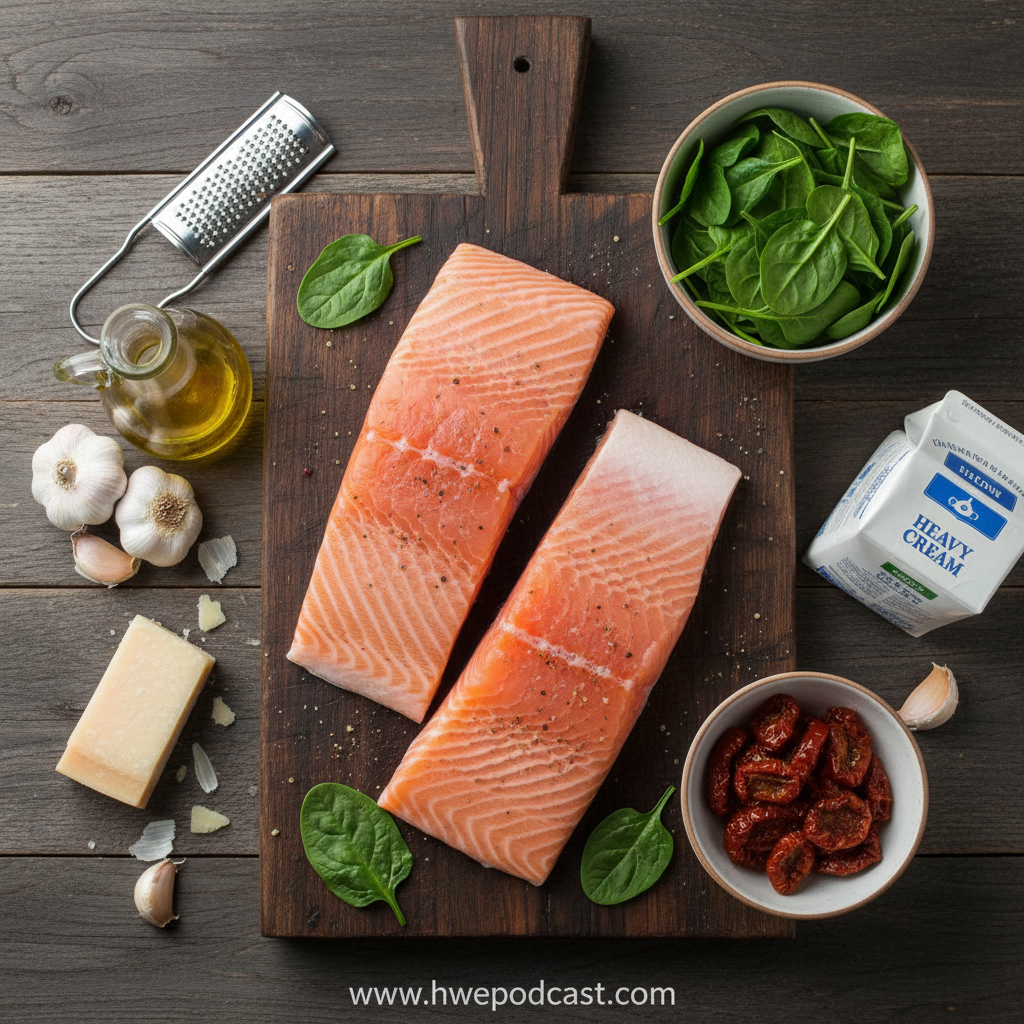 Ingredients for creamy Tuscan salmon recipe