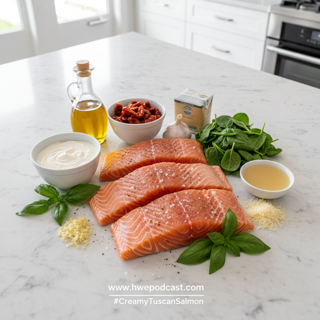 Ingredients for creamy Tuscan salmon recipe
