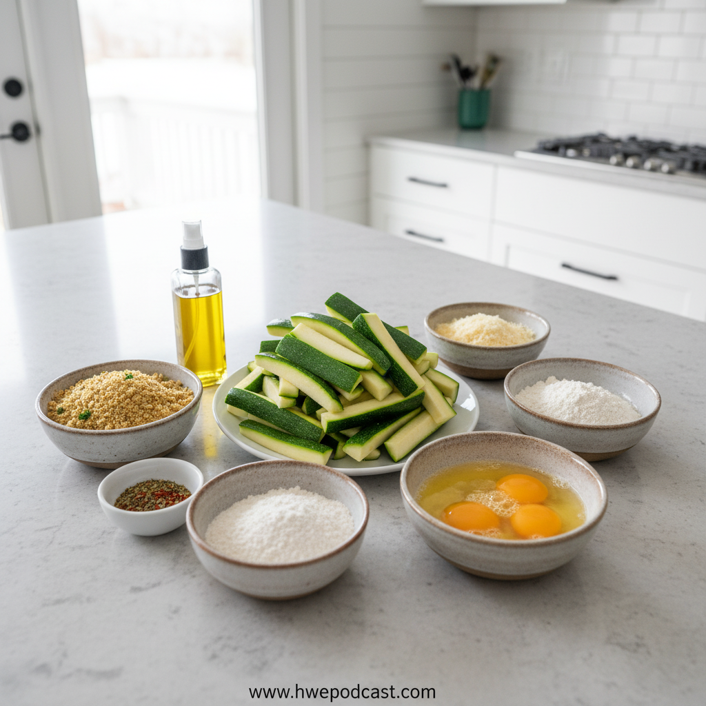 Ingredients for making air fryer zucchini fries including zucchini, breadcrumbs, and seasonings