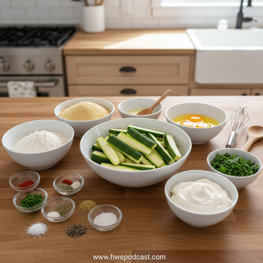 Ingredients for zucchini fries and ranch dip arranged on counter