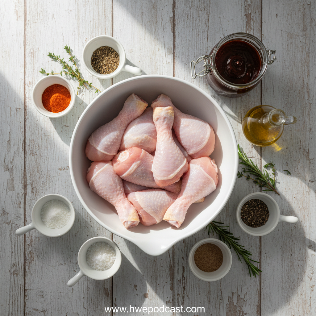 Ingredients for making crispy oven baked BBQ chicken legs