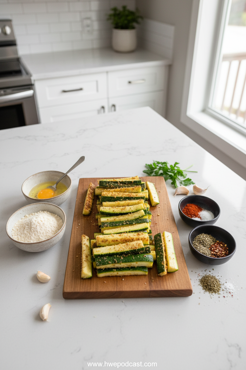 Ingredients for keto zucchini fries including zucchini, almond flour, and spices