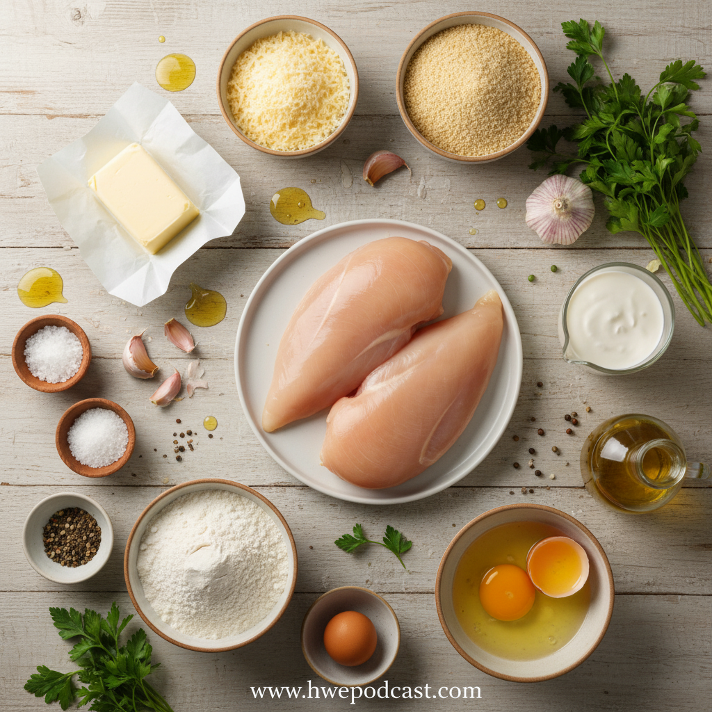 Ingredients for crispy Parmesan chicken with garlic sauce