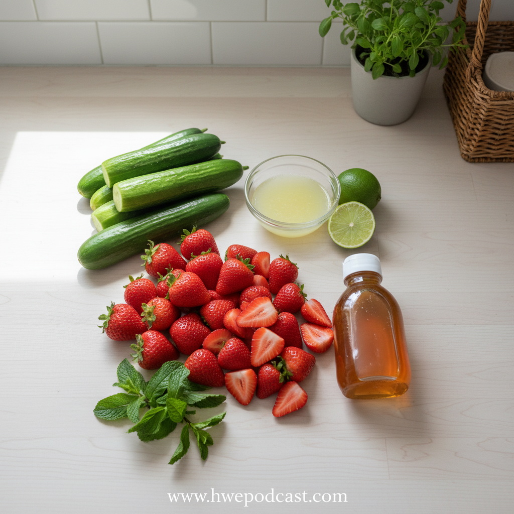Fresh ingredients for cucumber strawberry salad including cucumbers, strawberries, mint, lime, and honey