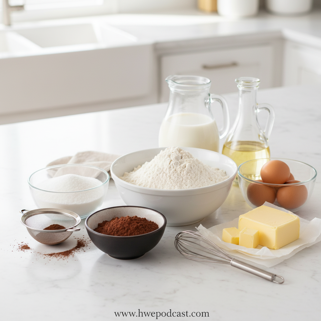 Ingredients for dark chocolate sheet cake displayed on counter