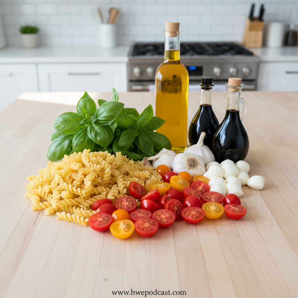 Ingredients for bruschetta pasta salad