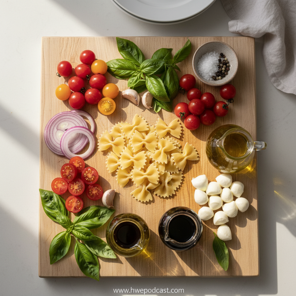 Fresh ingredients for bruschetta pasta salad including tomatoes, basil, pasta, and balsamic