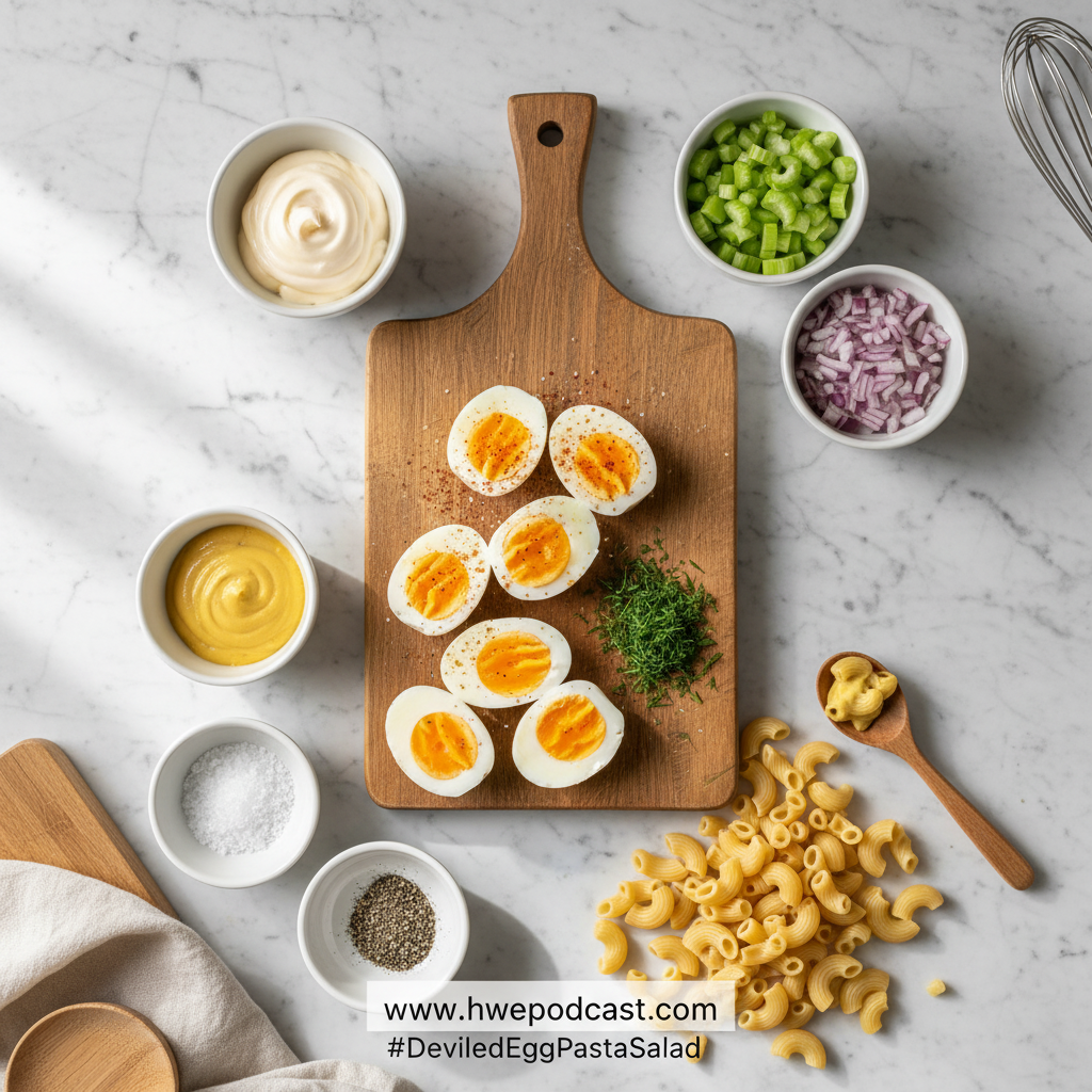 Ingredients for deviled egg pasta salad laid out on counter