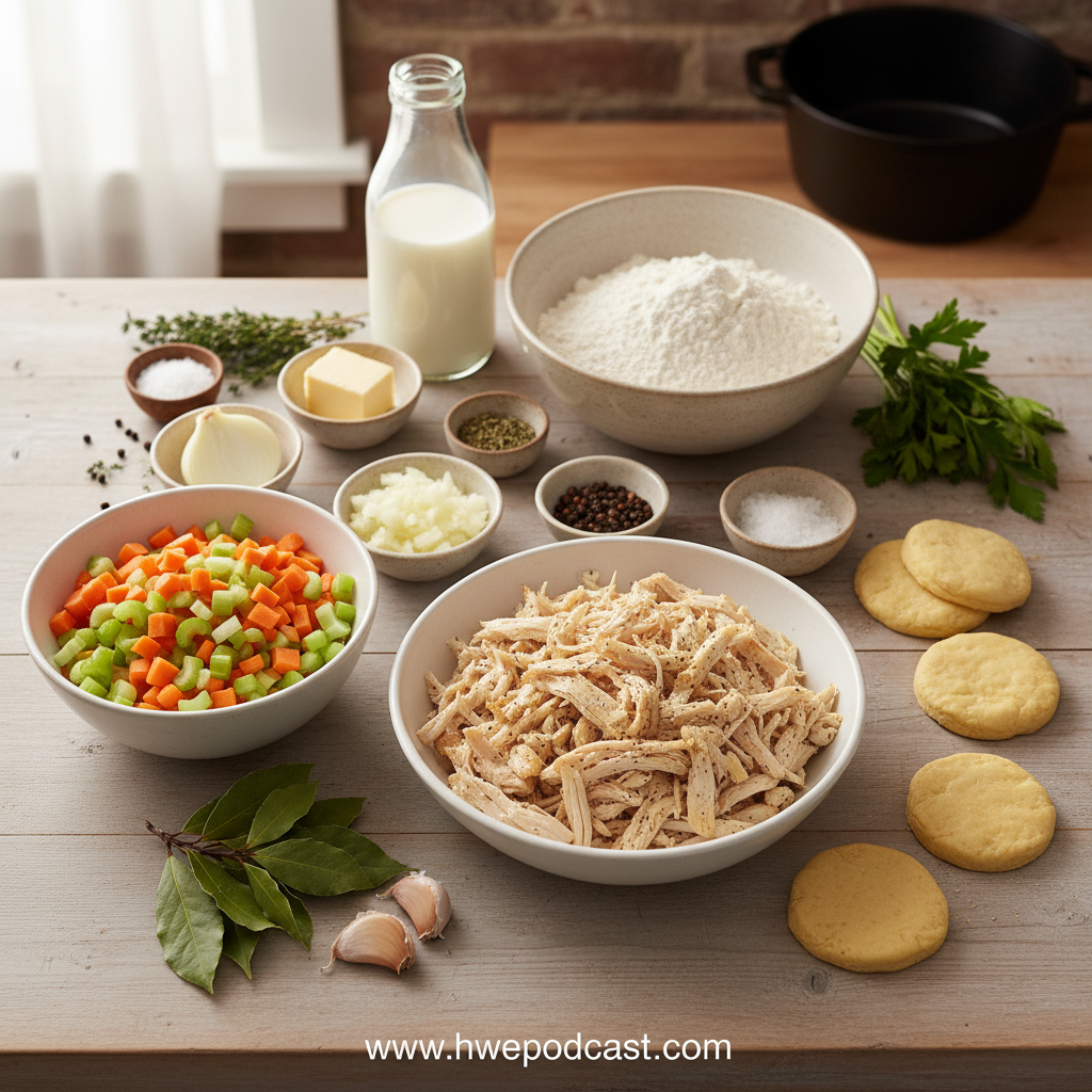 Ingredients for chicken and dumplings including chicken, vegetables, and biscuit dough