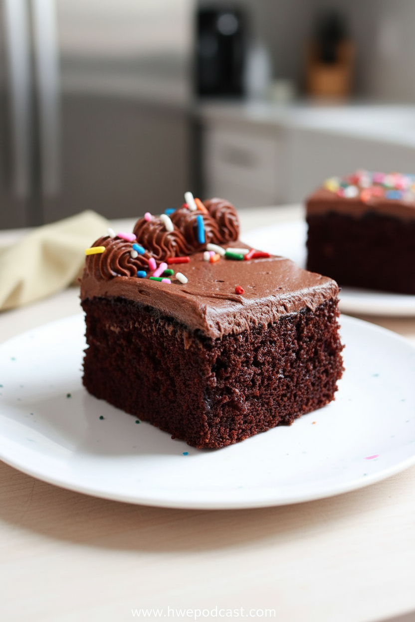 Beautiful chocolate sheet cake with rich fudgy frosting ready to serve