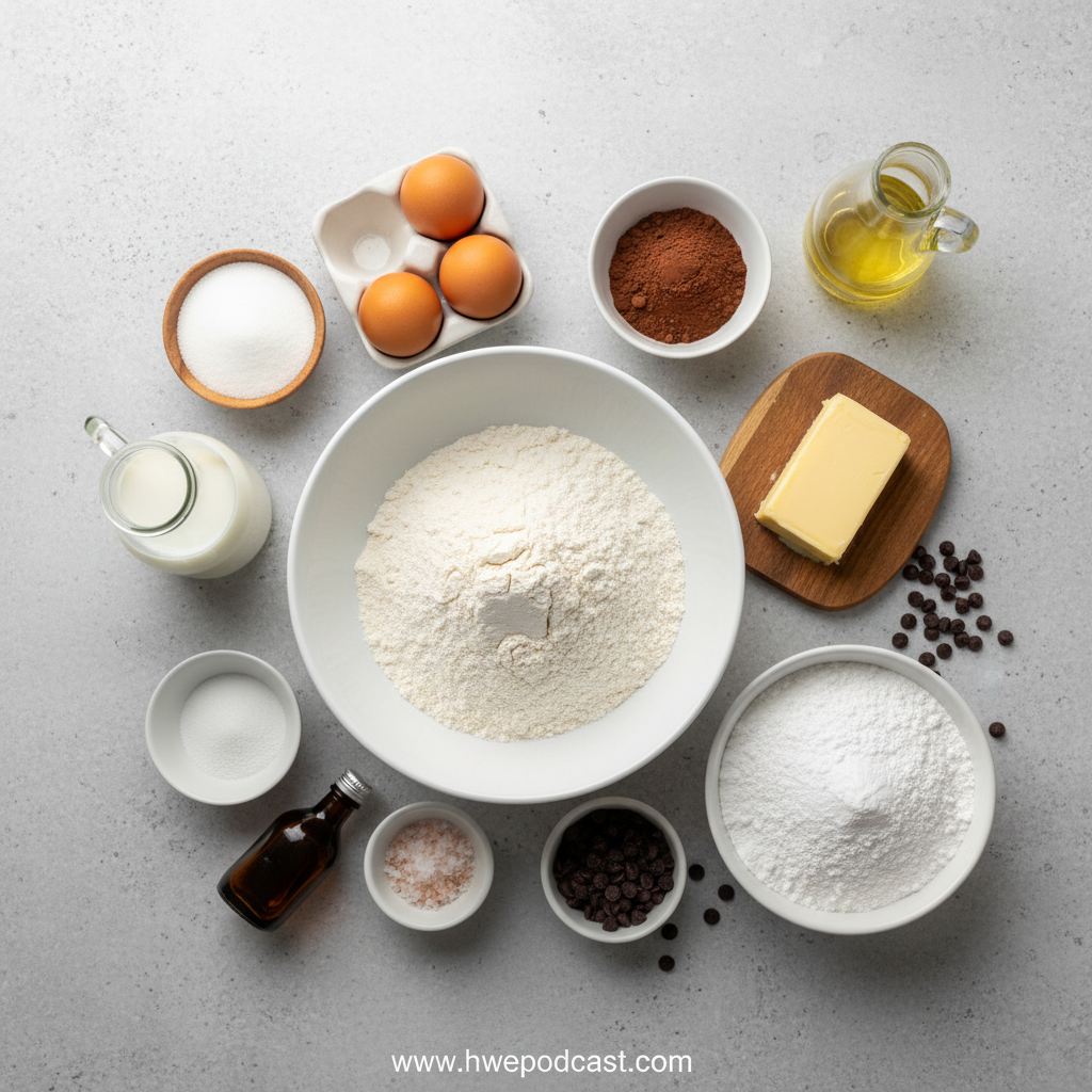Ingredients laid out for chocolate sheet cake and frosting