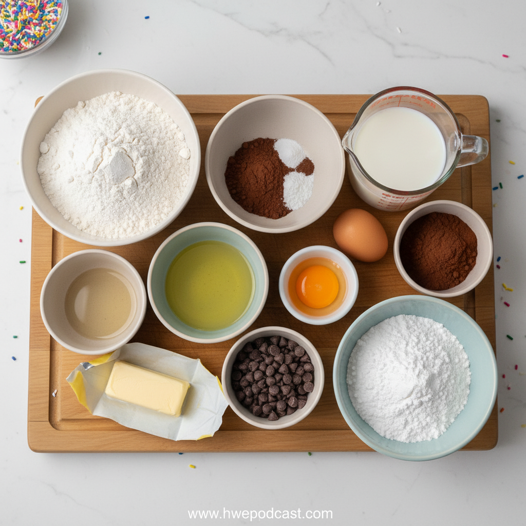 Ingredients for chocolate sheet cake and frosting laid out on counter