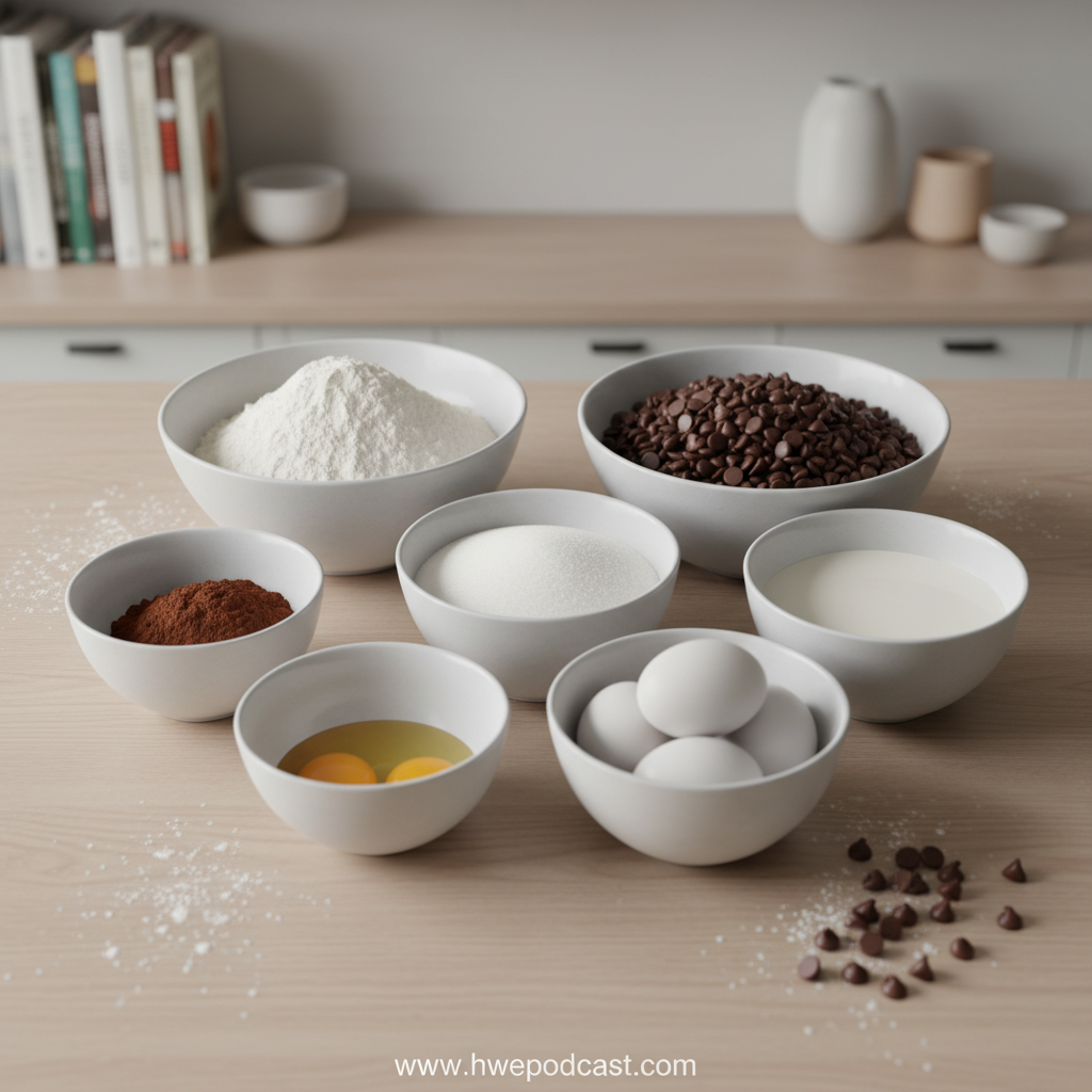 All ingredients needed for chocolate traybake laid out on counter