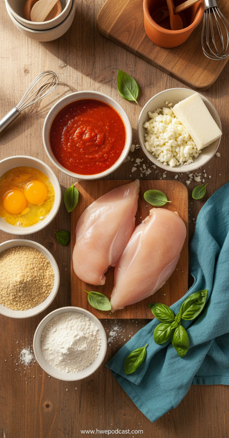 Fresh ingredients for chicken parmesan including chicken breast, breadcrumbs, parmesan cheese, and herbs