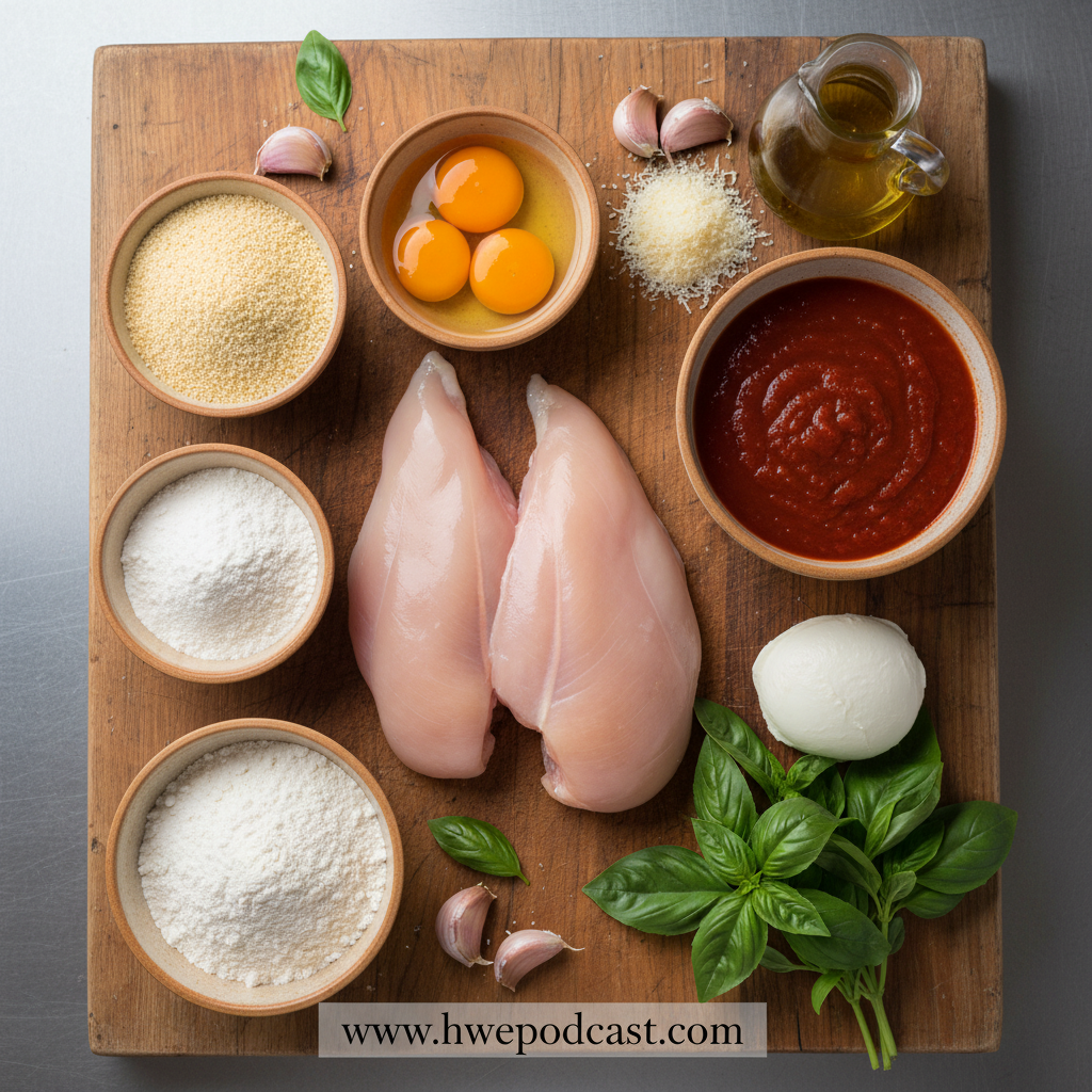 Ingredients for chicken parmesan preparation
