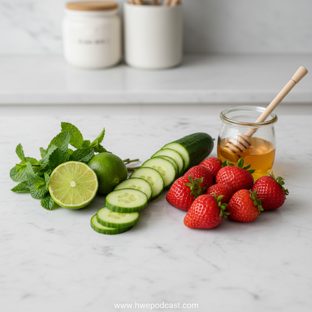 Fresh ingredients for cucumber strawberry salad laid out on counter