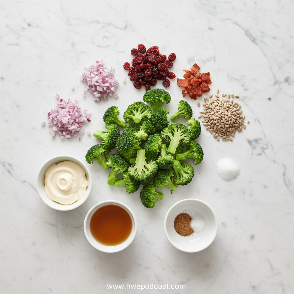 Fresh ingredients for broccoli salad including broccoli, carrots, red onion and Greek yogurt