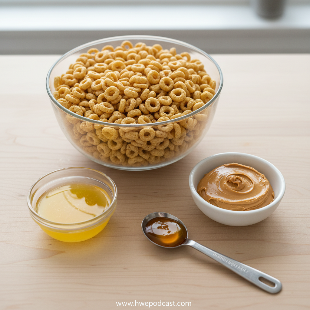 Ingredients for no-bake cheerio bars including cheerios, peanut butter, honey, and chocolate chips