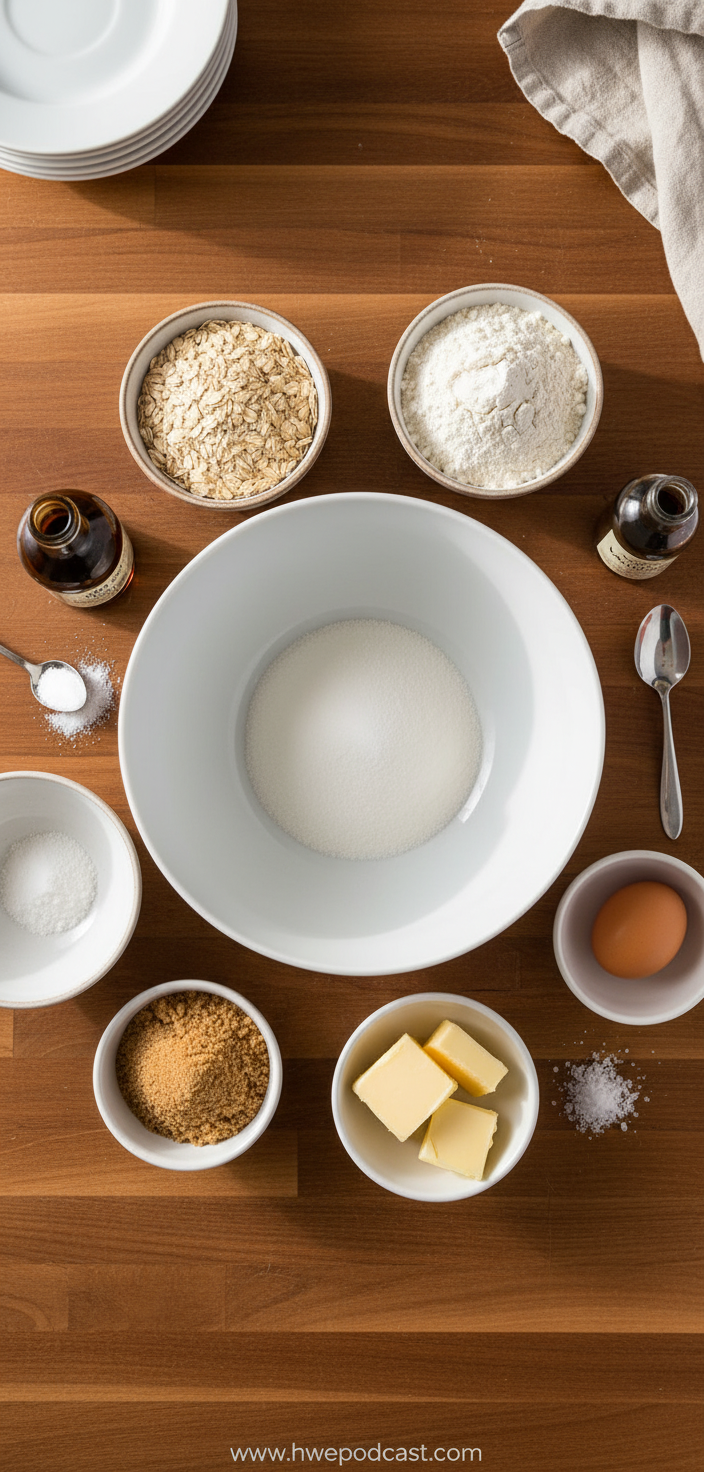 Simple ingredients for one bowl oatmeal cookies