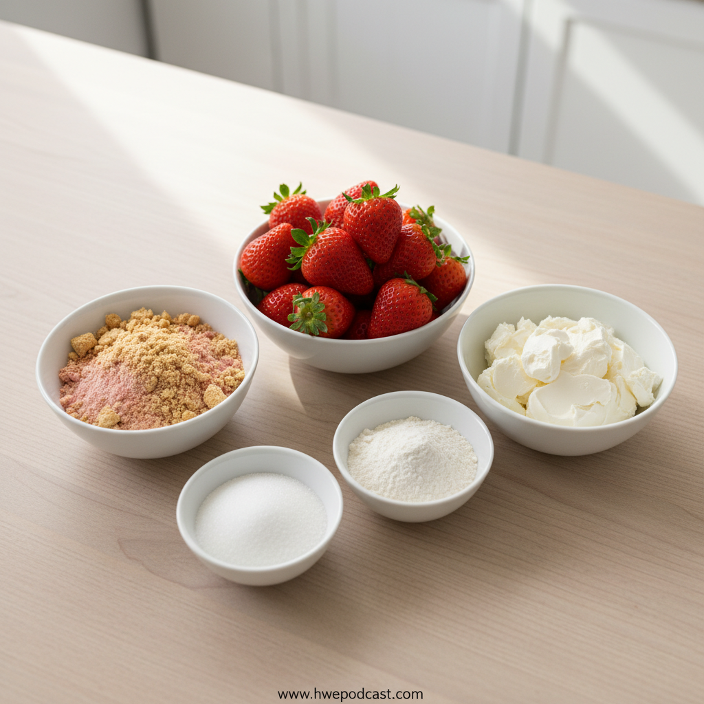 Ingredients for strawberry crunch cake including strawberries and cookies