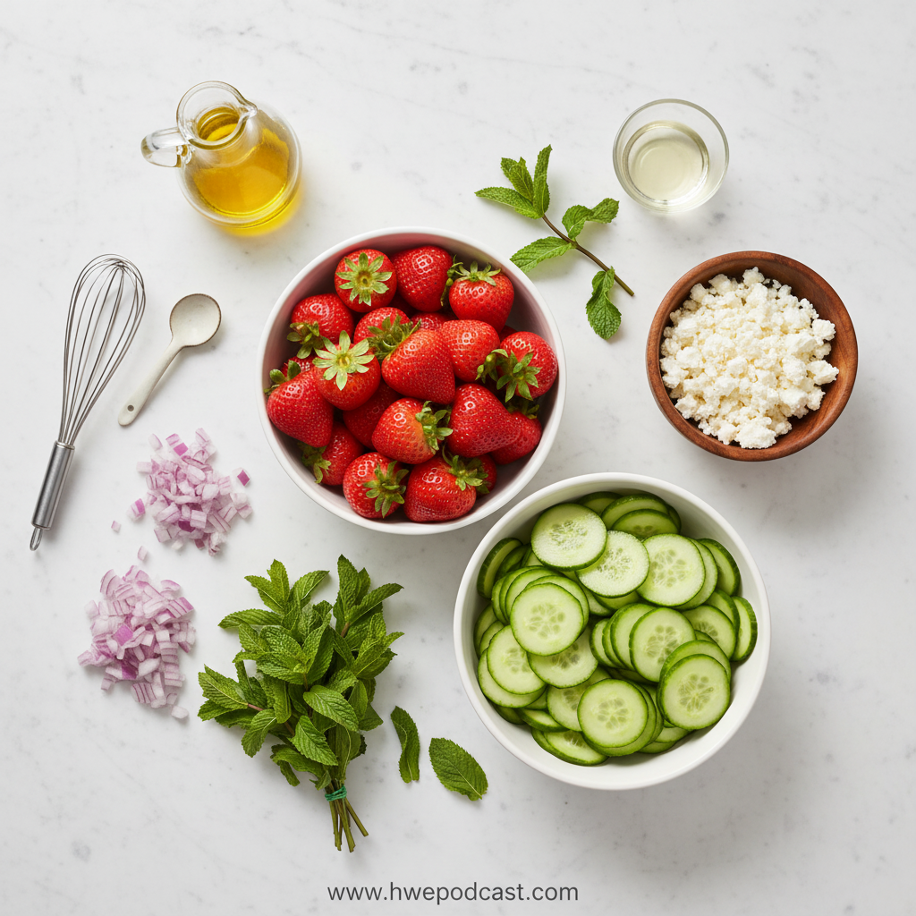 Fresh ingredients for strawberry cucumber feta salad