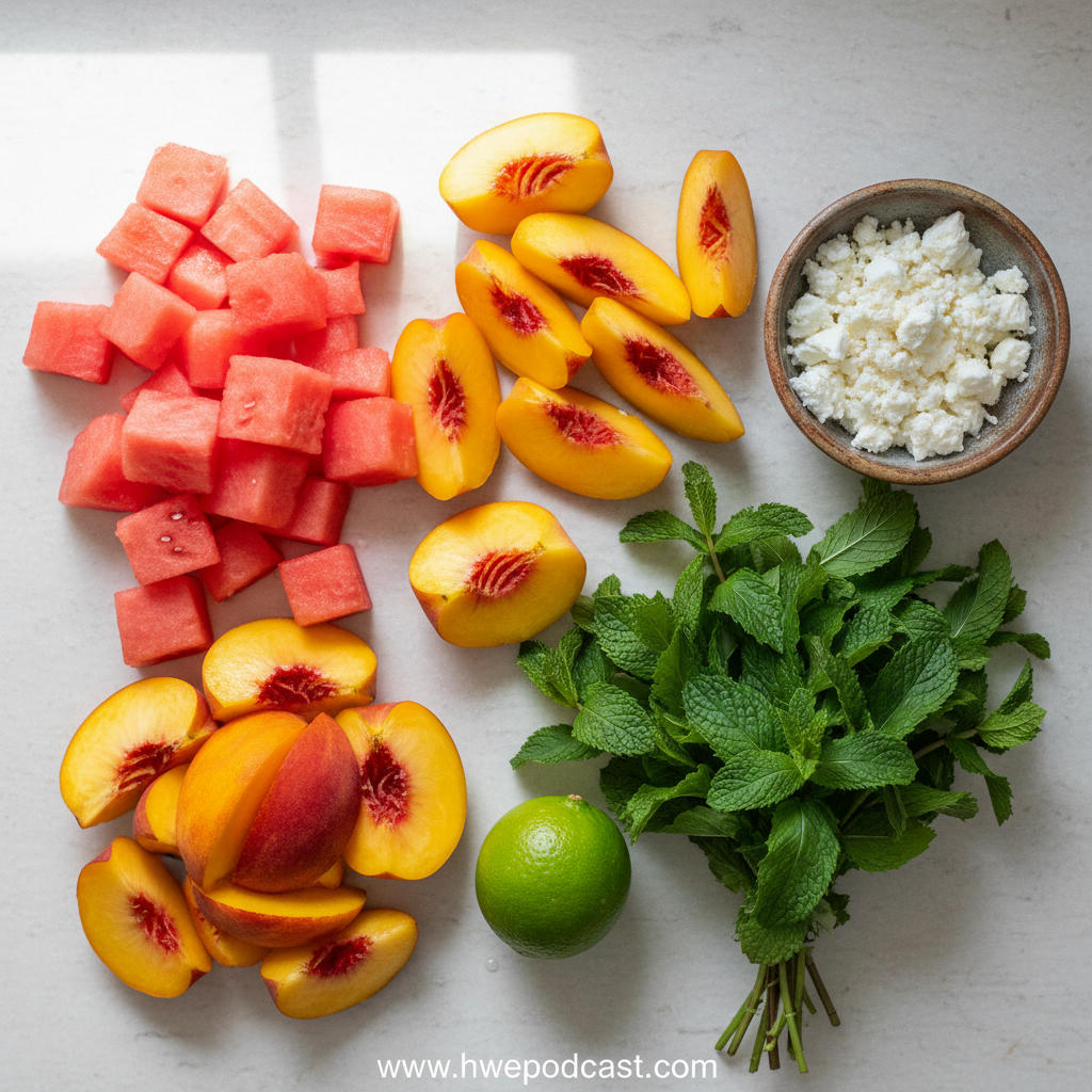 Fresh ingredients for peach watermelon salad arranged on counter