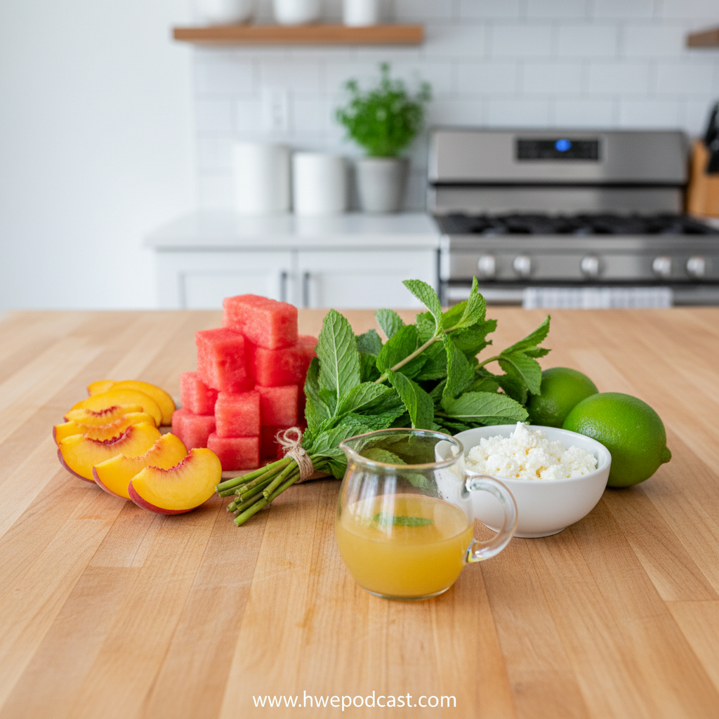 Fresh ingredients for peach watermelon salad on wooden surface