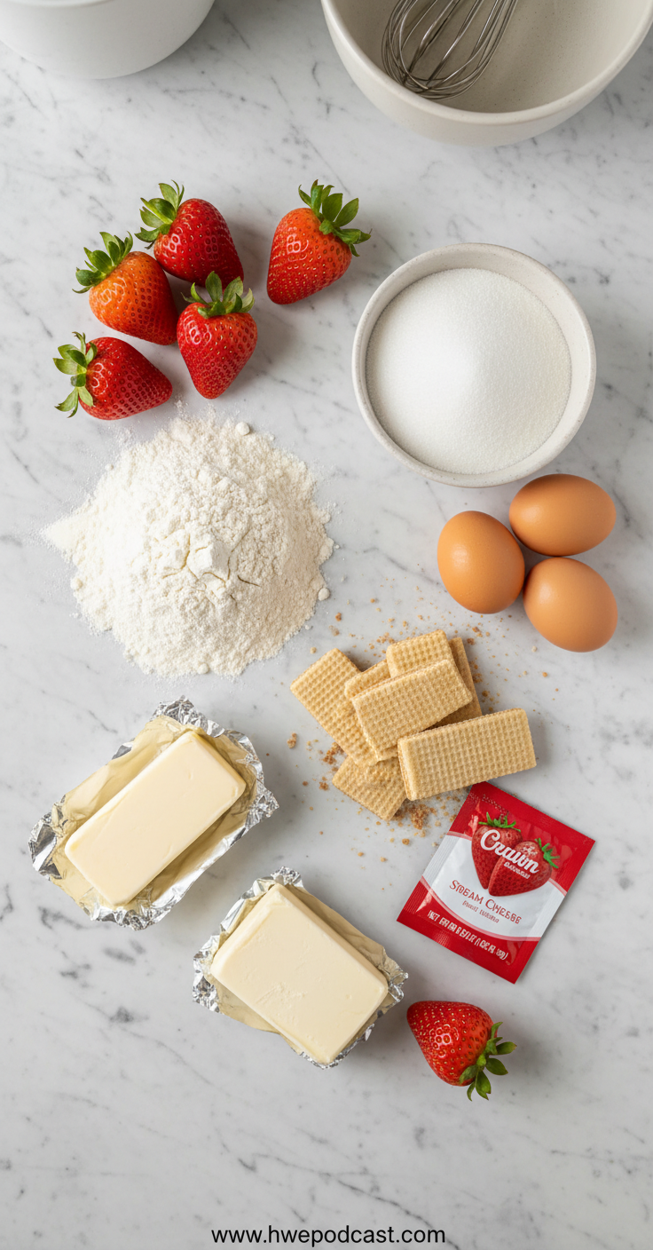 Ingredients for strawberry crunch cake arranged beautifully
