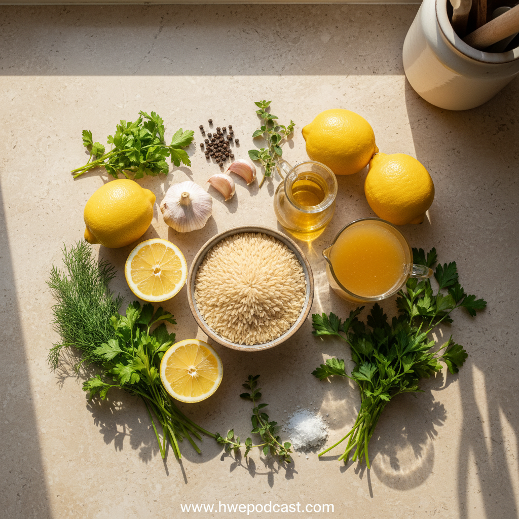 Ingredients for Greek lemon rice including rice, lemons, herbs, and spices