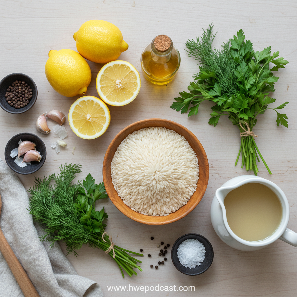 Ingredients for Greek lemon rice including rice, lemons, and herbs